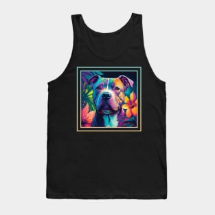 Happy American Staffordshire Pit Bull Dog Vibrant Tropical Flower Digital Oil Painting Portrait Tank Top